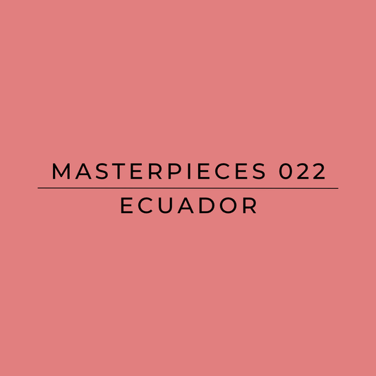Text: Masterpieces 022, Ecuador – El Dorado natural Wush Wush on a pink background. Harmony Coffee York