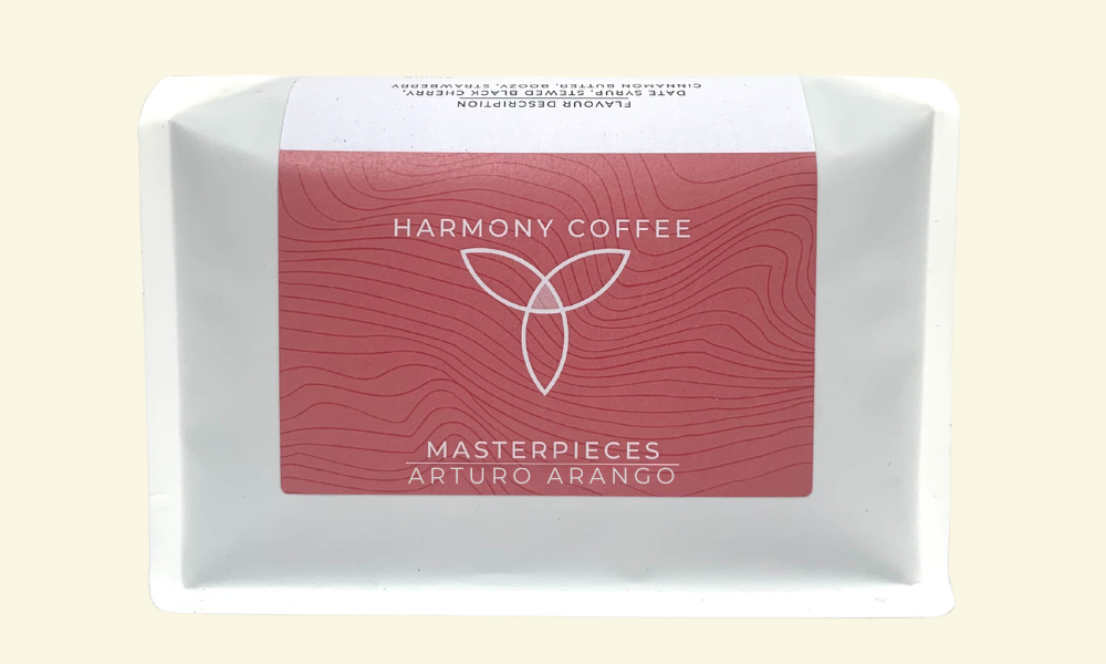 Harmony Coffee package with red label and white background