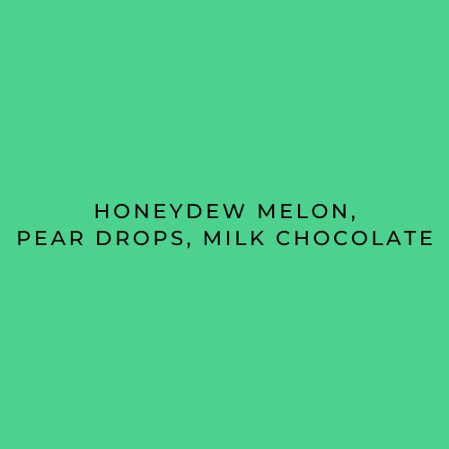Text 'HONEYDEW MELON, PEAR DROPS, MILK CHOCOLATE' on a green background