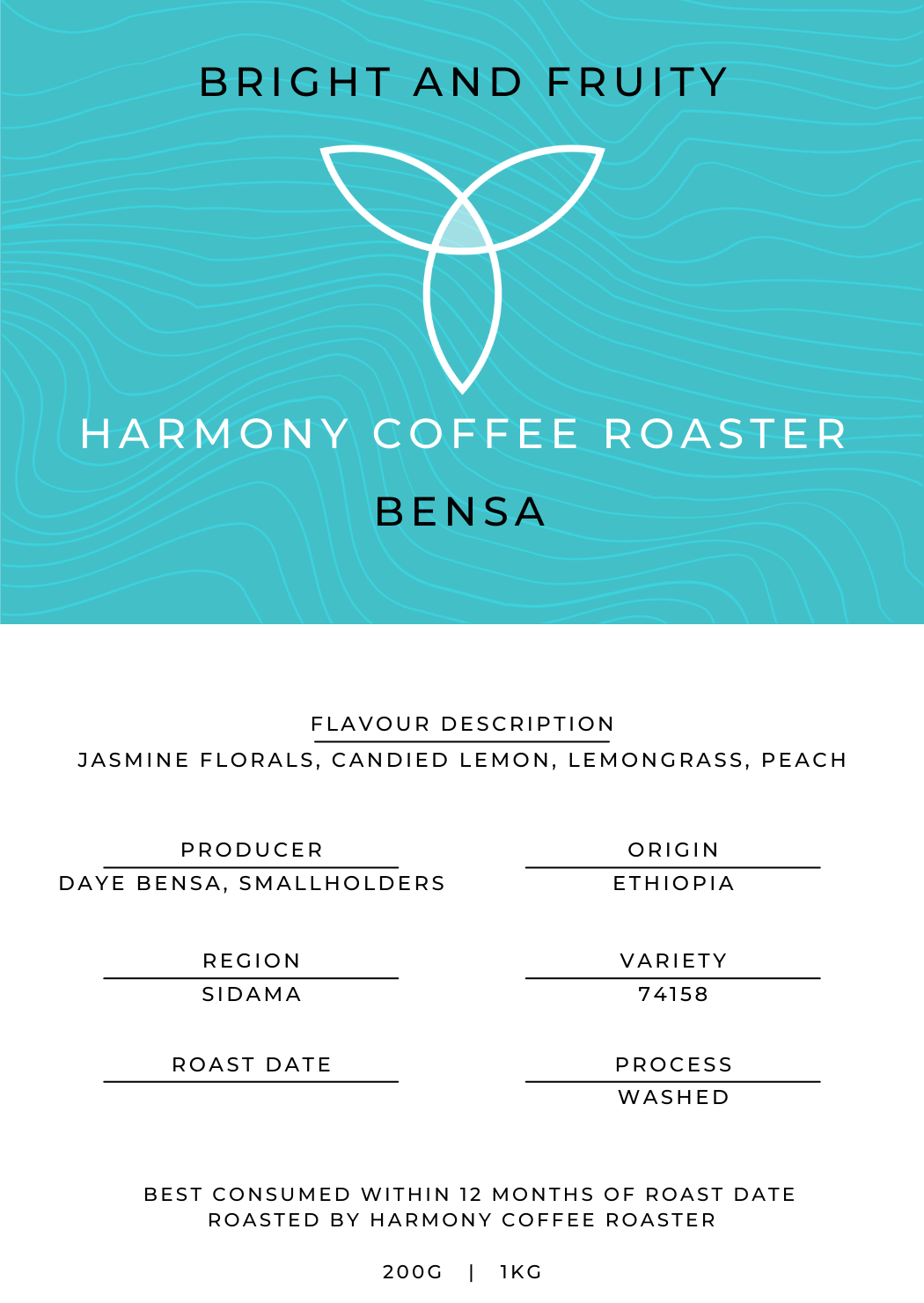 Product label for Bensa, Ethiopian Coffee Beans, York Coffee Roaster, Harmony Coffee