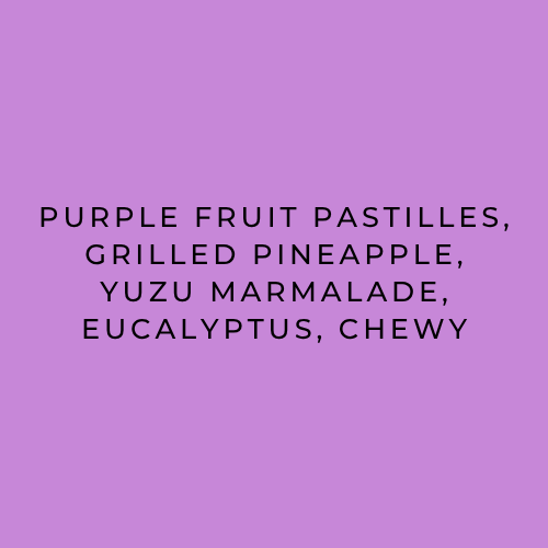 A solid purple square background with centered black text reading: 'PURPLE FRUIT PASTILLES, GRILLED PINEAPPLE, YUZU MARMALADE, EUCALYPTUS, CHEWY'.