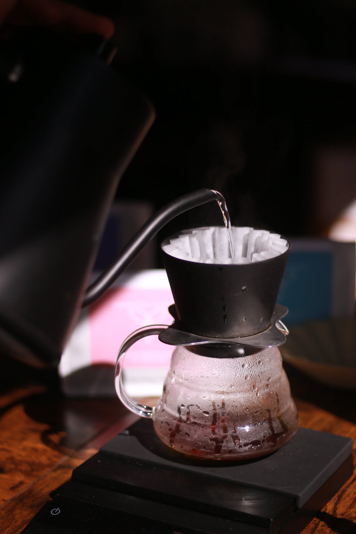 Close-up of a coffee brewer with a blurred background