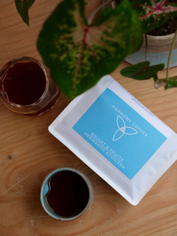 Harmony Coffee package with a cup of coffee on a wooden surface