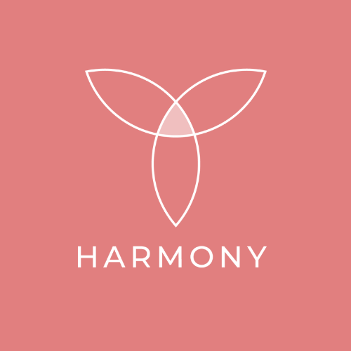 Logo with a white abstract design and 'HARMONY' text on a pink background