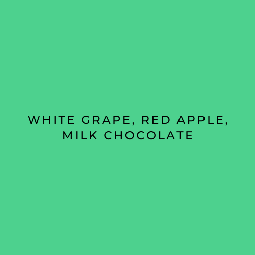 Text: 'White grape, Red Apple, Milk Chocolate' on a green background. Describing Hatuhei coffee flavour descriptions