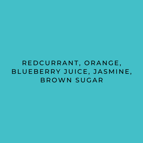 Text on a teal background listing ingredients: Redcurrant, Orange, Blueberry Juice, Jasmine, Brown Sugar.