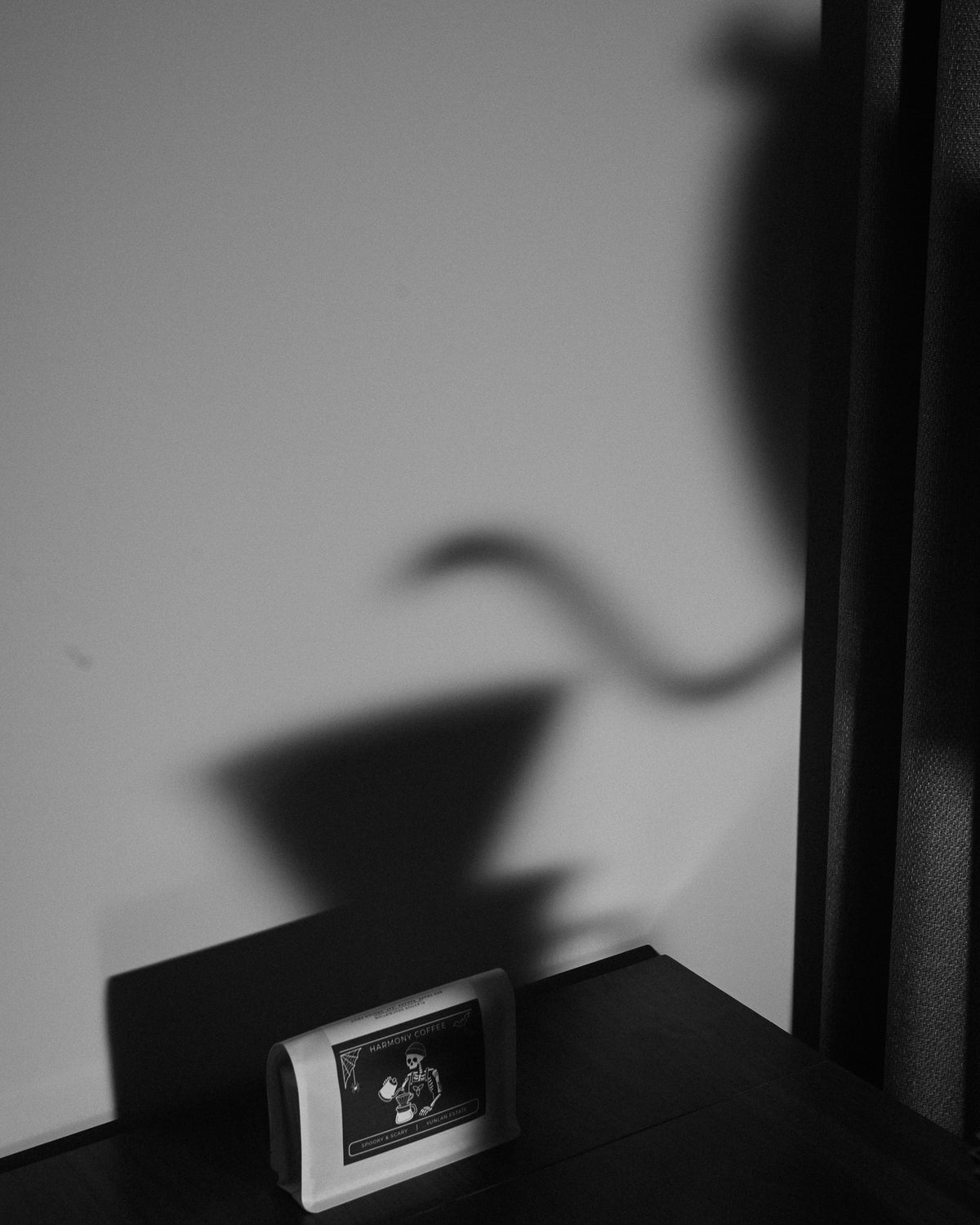 Shadow of a kettle pouring into a dripper cast on the wall above the Spooky & Scary YunLan Estate coffee bag