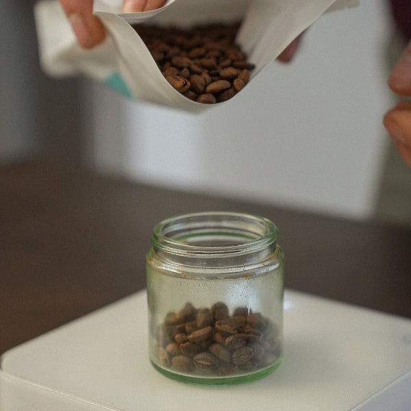 Coffee beans being poured into a jar ready to undergo WDT to reduce static in coffee grinding