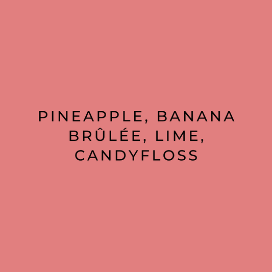 El Dorado tasting notes: pineapple, banana brûlée, lime, candyfloss – text on a pink background
