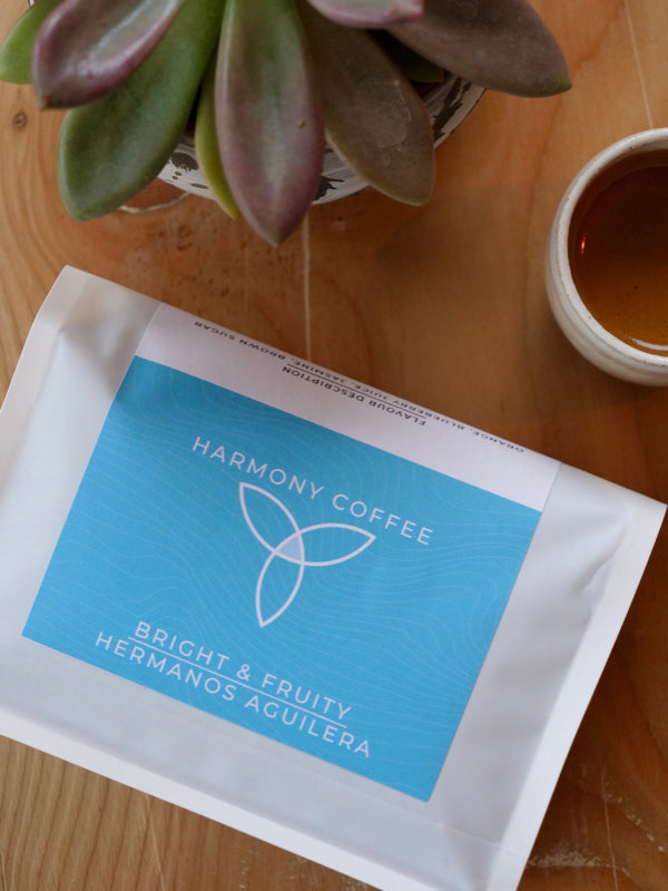 Harmony Coffee package on a wooden surface with a plant in the background