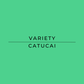 A solid green square graphic with centered black text reading 'VARIETY CATUCAI' and a horizontal line between the words.
