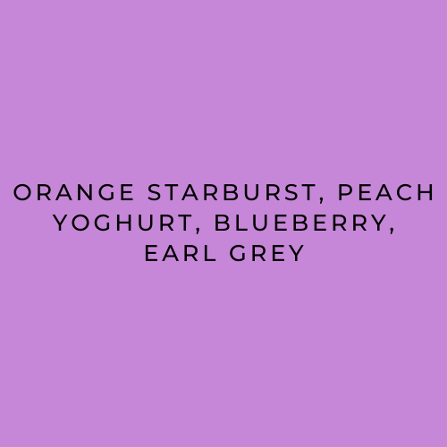 Purple background with text listing flavors on a purple background