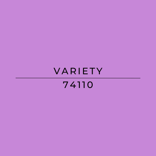 A solid lavender-purple color swatch with centered black text reading 'VARIETY' and '74110' on a horizontal line.