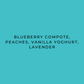 Flavour descriptions reading "Blueberry Compote, Peaches, Vanilla Yoghurt & Lavender"