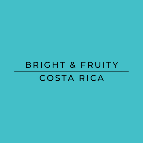 Text 'BRIGHT & FRUITY COSTA RICA' on a teal background