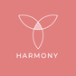 Logo with a white abstract design and 'HARMONY' text on a pink background