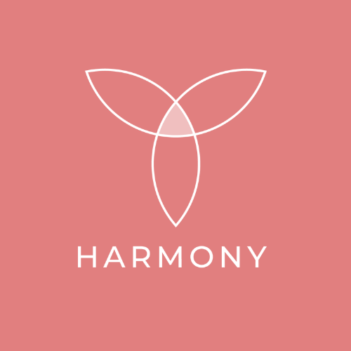 Logo with a white abstract design and 'HARMONY' text on a pink background