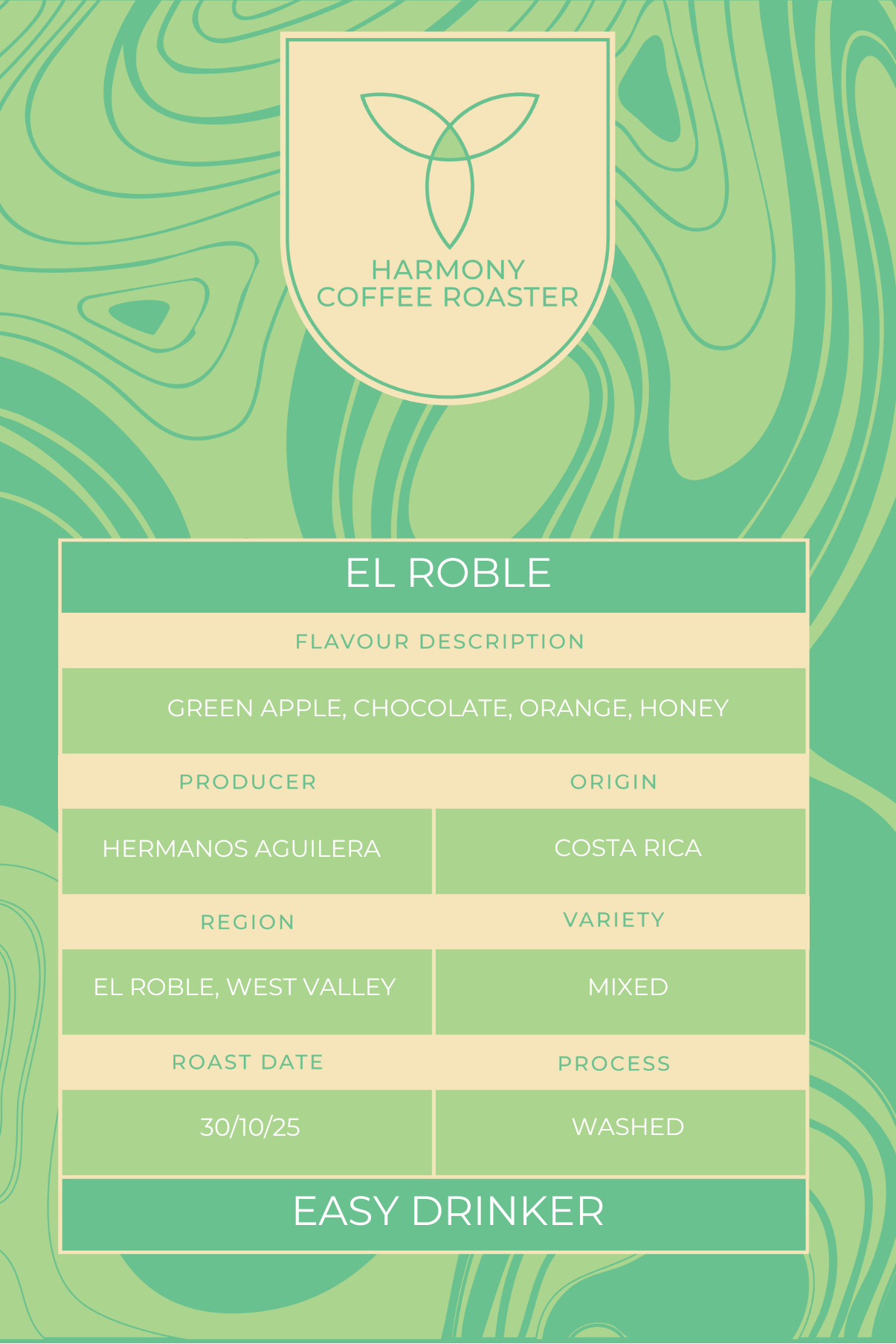 Harmony Coffee Roaster El Roble coffee label with green and beige design.