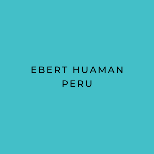 A solid turquoise blue square graphic with centered black text reading 'EBERT HUAMAN' and 'PERU' separated by a horizontal line.
