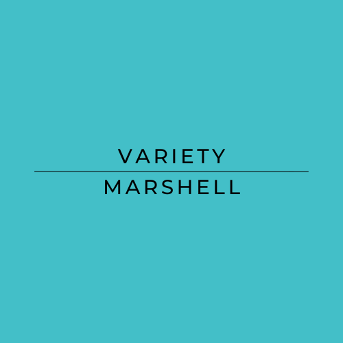 A solid turquoise blue square with centered black text reading 'VARIETY MARSHELL' and a horizontal line extending from the left side of the word 'MARSHELL'.