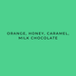 Text 'Orange, Honey, Caramel, Milk Chocolate' on a green background