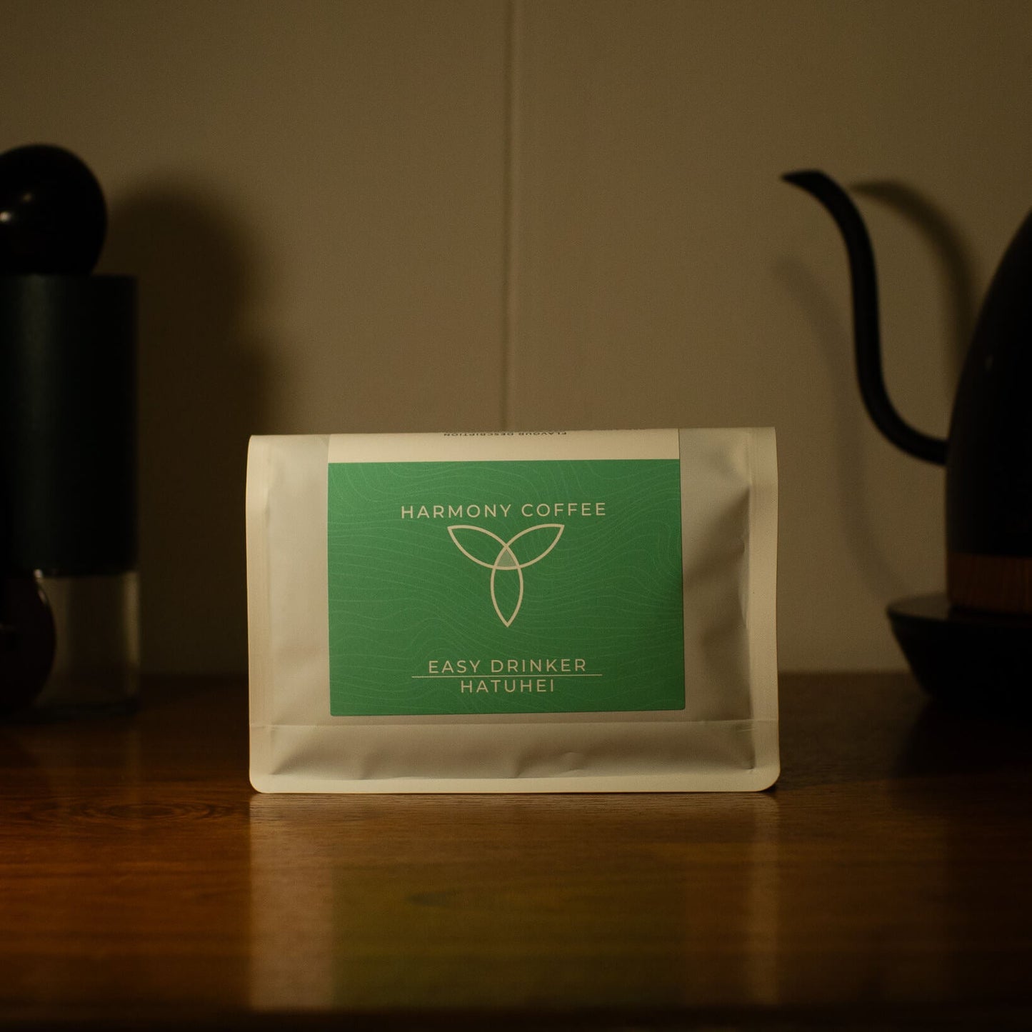 Bag of Harmony Coffee from York on a wooden surface. East Timor washed coffee. 