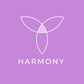 A minimalist white geometric logo above the word 'HARMONY' on a solid lavender-purple background.