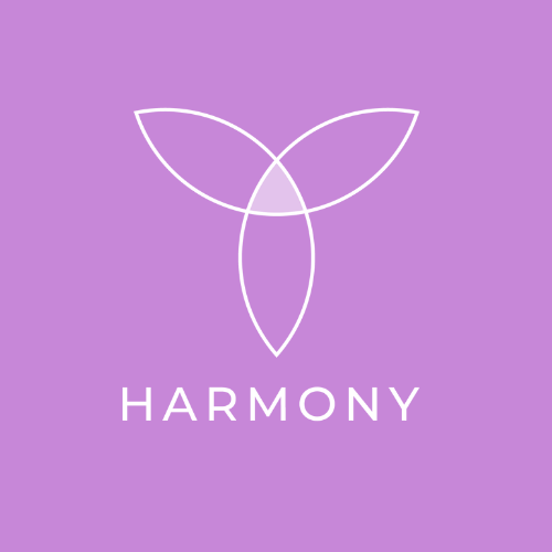 A minimalist white geometric logo above the word 'HARMONY' on a solid lavender-purple background.