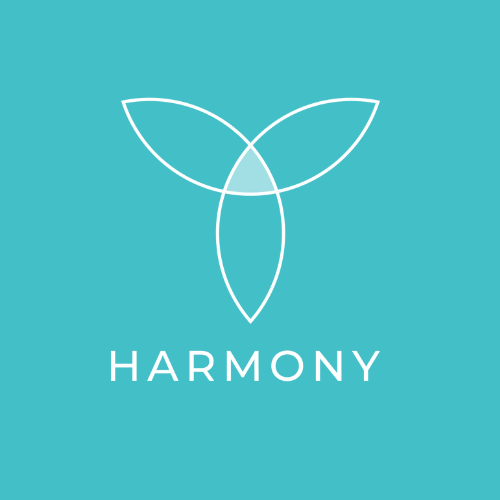 Logo with the word 'Harmony' on a teal background
