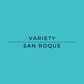 Text 'VARIETY SAN ROQUE' on a solid blue background