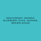 Text on a teal background listing ingredients: Redcurrant, Orange, Blueberry Juice, Jasmine, Brown Sugar.