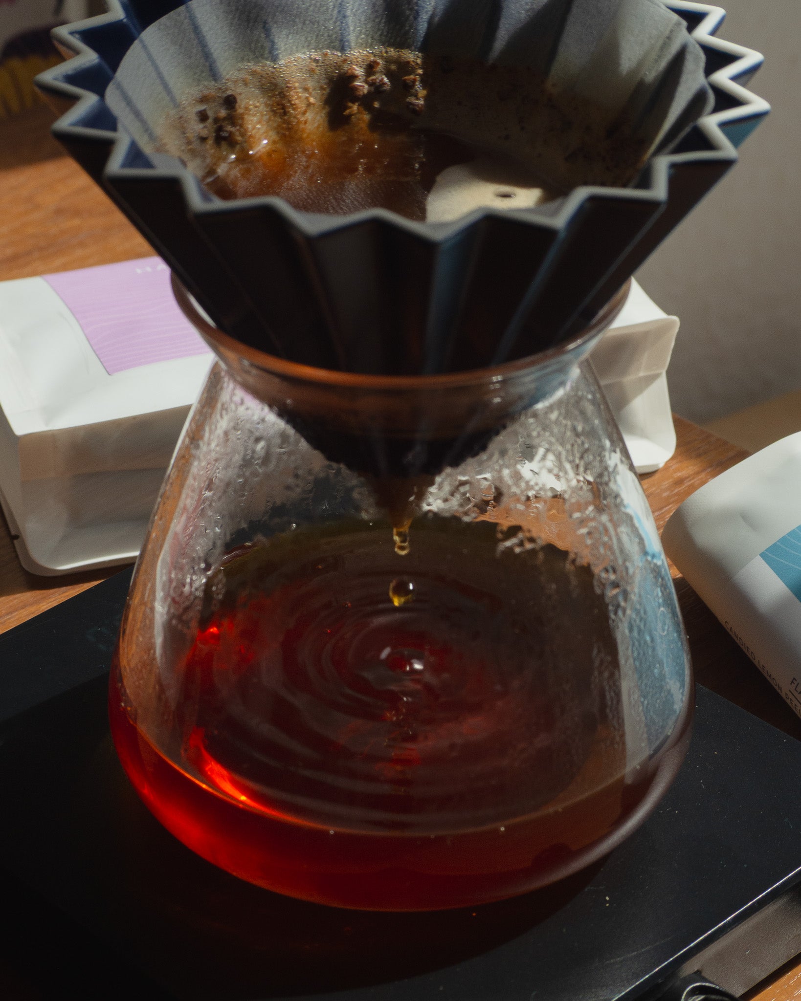 Coffee being brewed in a glass carafe with a paper filter.