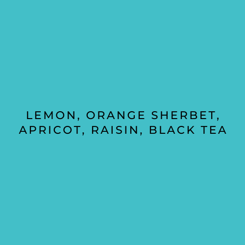 Text on a teal background listing flavors: Lemon, Orange Sherbet, Apricot, Raisin, Black Tea