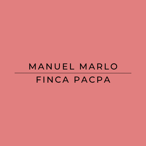 A solid coral pink square with centered black text reading 'MANUEL MARLO' and 'FINCA PACPA' separated by a horizontal line.