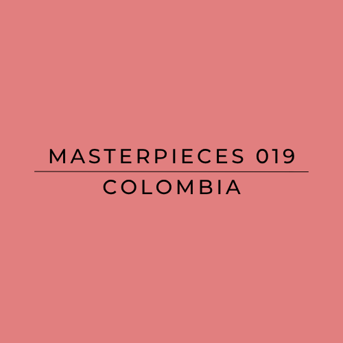 Text: Masterpieces 019, Colombia on a pin k background