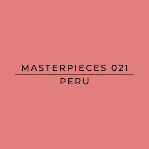 A solid terracotta pink color swatch with black text in the center reading 'MASTERPIECES 021 PERU'.