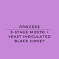 A solid purple graphic with centered black text reading 'PROCESS' and '3-STAGE MOSTO + YEAST INOCULATED BLACK HONEY'.