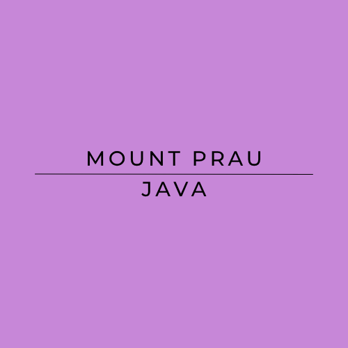 A square graphic with a solid lavender-purple background and centered black text reading 'MOUNT PRAU' above and below a horizontal line, with 'JAVA' below it.