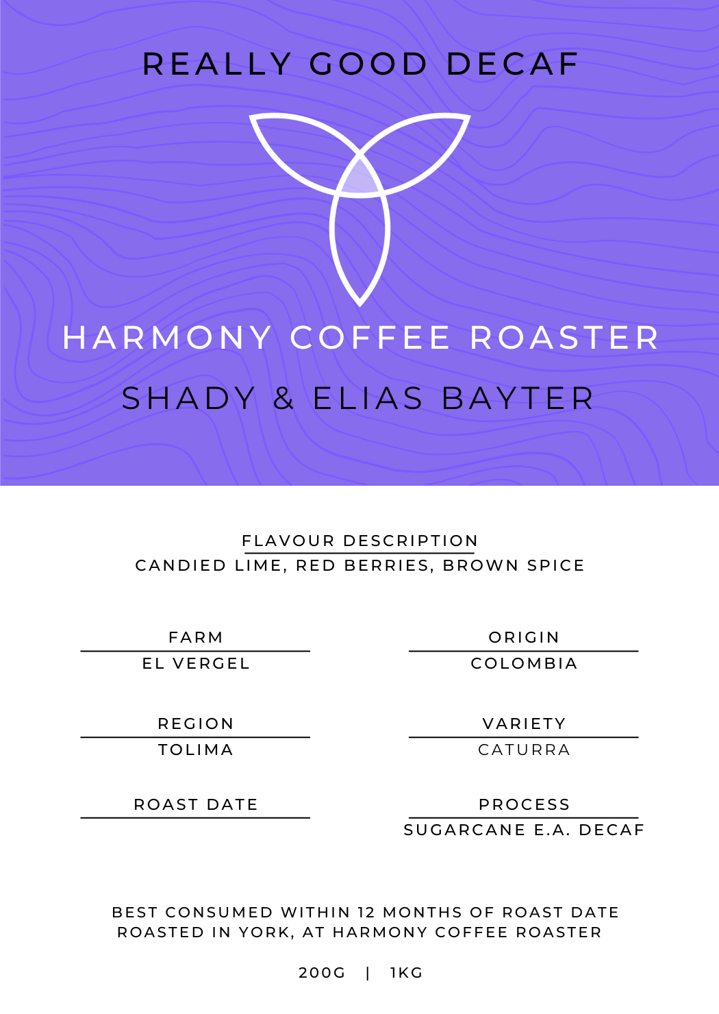 Production Label for Really Good Decaf Colombian Coffee Beans - Harmony Coffee - York Coffee Roaster