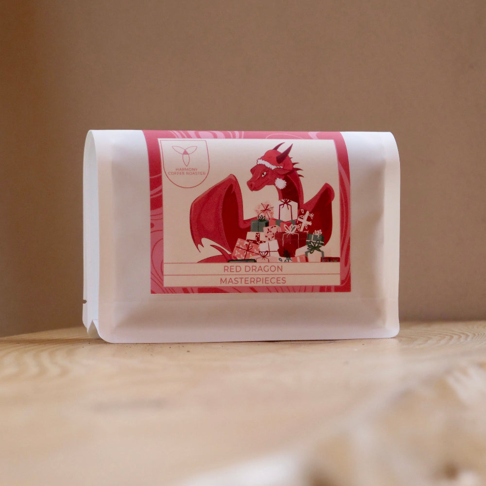 Harmony Coffee York Red Dragon Coffee on a wooden and beige background