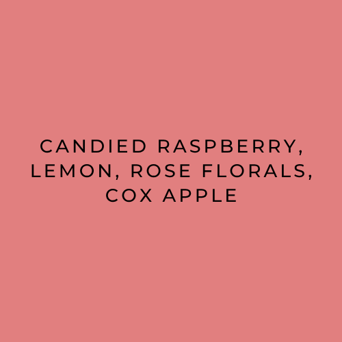 Text on a pink background listing flavors: candied raspberry, lemon, rose florals, cox apple.