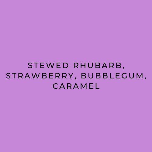 Text on a purple background listing flavor options: stewed rhubarb, strawberry, bubblegum, caramel.